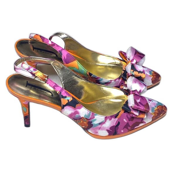 J Renee Avlynn JJ Heels Floral Satin Slingback Bow Pointed Pumps Size 11 Pink - Picture 1 of 9